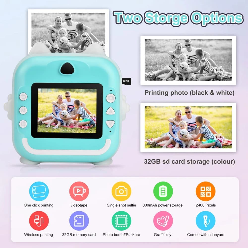 Aparat foto, camera video Full HD pentru copii, imprimanta termica incorporata, turcoaz 3
