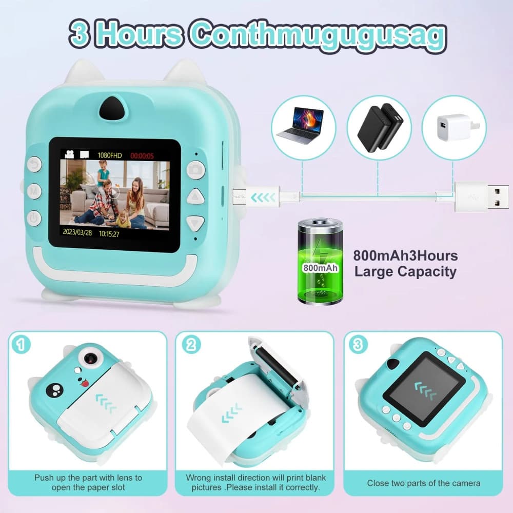 Aparat foto, camera video Full HD pentru copii, imprimanta termica incorporata, turcoaz 5