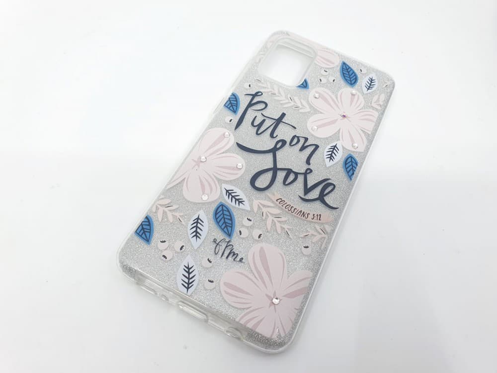 Husa Flowers Glitter pentru Samsung Galaxy S20 Ultra, cu mesaj, argintie 2