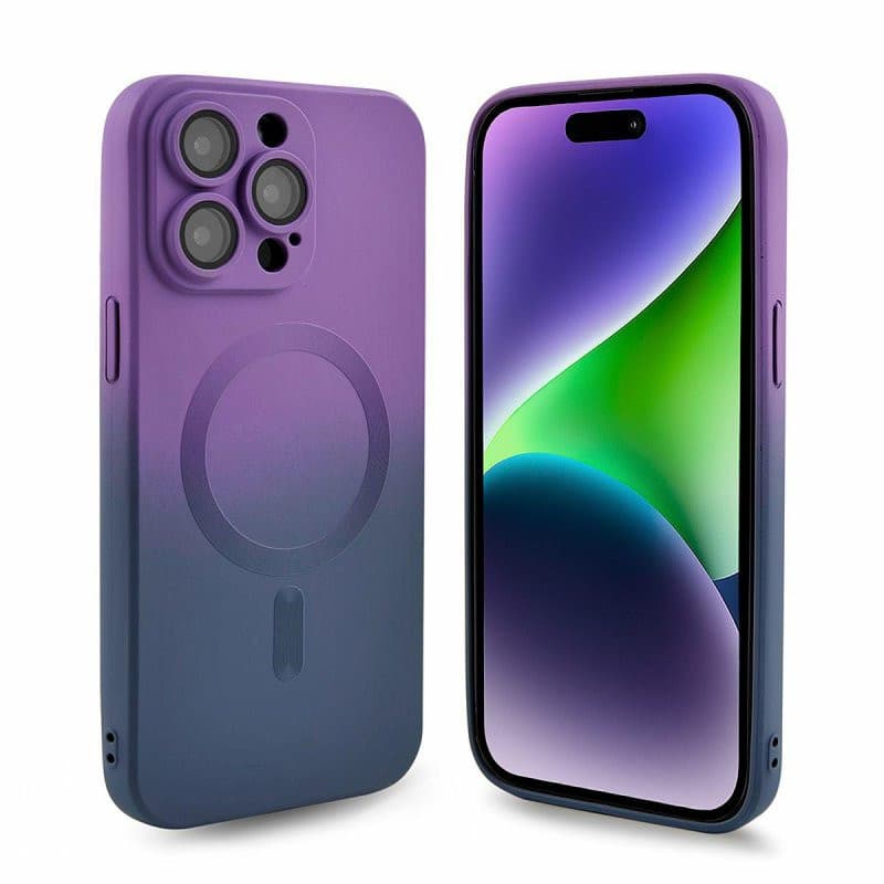 Husa Apple iPhone 13 Pro, Magsafe Ombre Silicone, geam protectie camere, mov/albastru 2