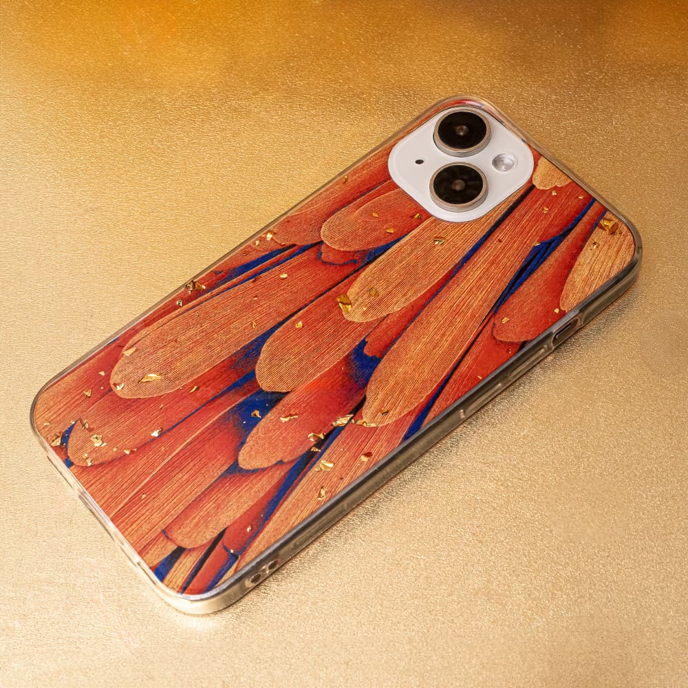 Husa Apple iPhone 15, Gold Glam, Orange Feathers 2