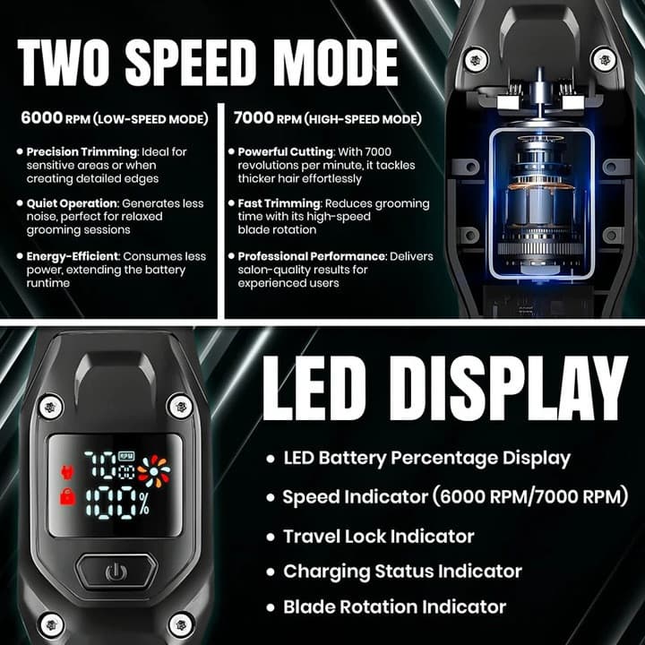 Aparat de tuns VGR V964, acumulator incorporat, afisaj LED, negru/verde 3
