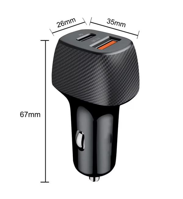 Incarcator auto cu 1 port PD/Type C si 1 port USB, maxim 3A, insertie aspect carbon, negru 2