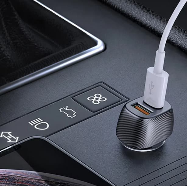Incarcator auto cu 1 port PD/Type C si 1 port USB, maxim 3A, insertie aspect carbon, negru 3