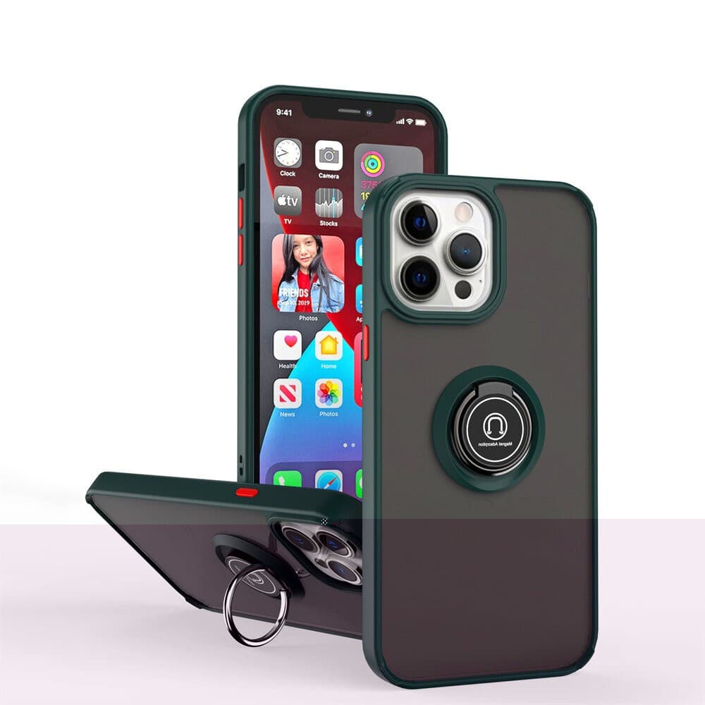 Husa protectie Apple iPhone 11, Metal Bracket, antisoc, inel sustinere, prindere magnetica, margini verzi 2