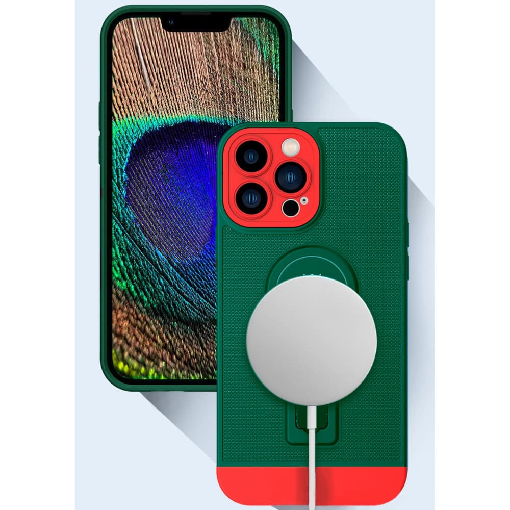 Husa Apple iPhone 14 Pro Max, Armor Design, functie stand, insertie metalica pentru suport auto magnetic, verde/rosu 3