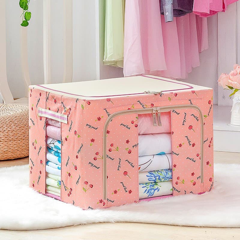 Cutie de depozitare pliabila, fermoar, 66 litri, textil, 50 x 40 x 33 cm, cadru metalic, suport baza stabil din plastic, imprimeu cirese, roz 2
