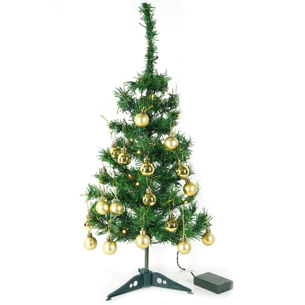 Brad artificial impodobit, 60 cm, suport plastic cu instalatie luminoasa 20 LED alb cald + 20 globuri aurii incluse 2