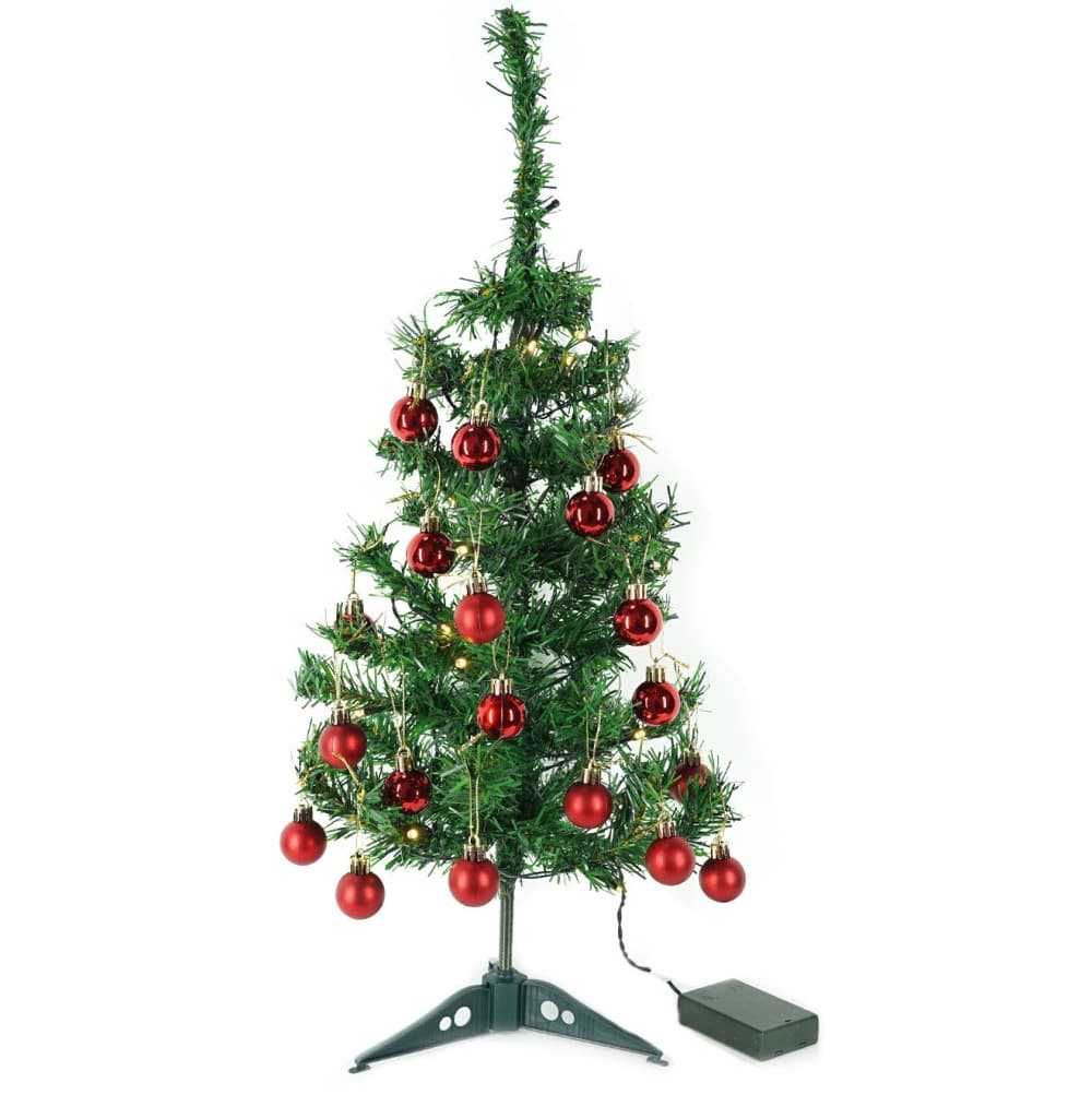 Brad artificial impodobit, 60 cm, suport plastic cu instalatie luminoasa 20 LED alb cald + 20 globuri rosii incluse 2