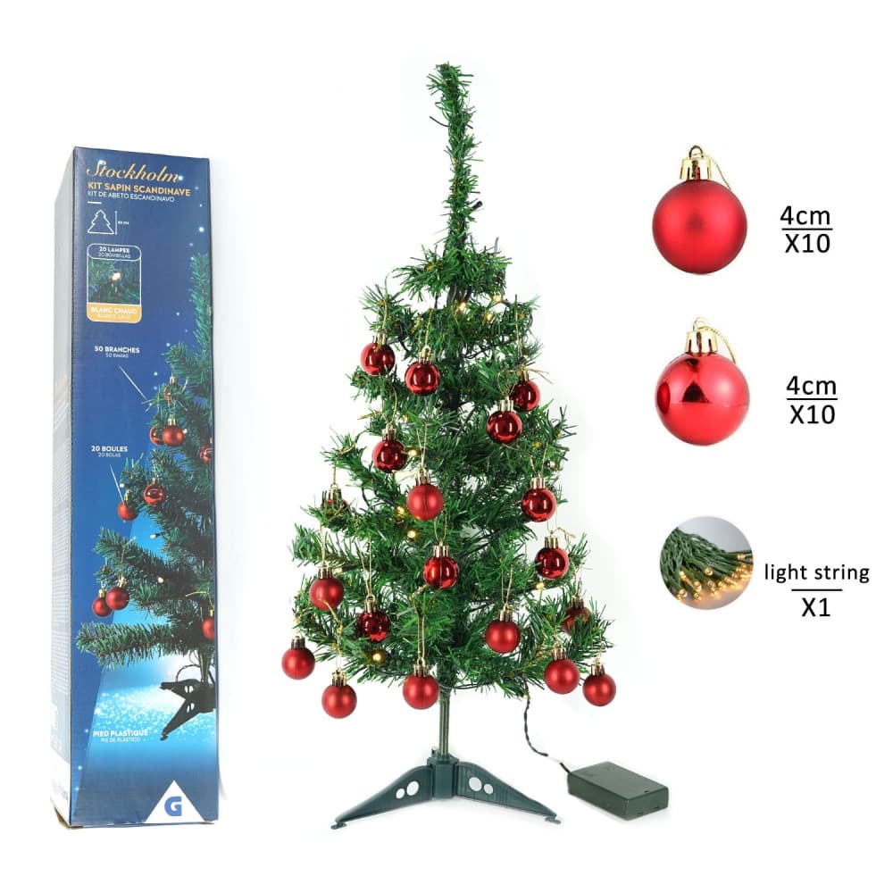 Brad artificial impodobit, 60 cm, suport plastic cu instalatie luminoasa 20 LED alb cald + 20 globuri rosii incluse 5