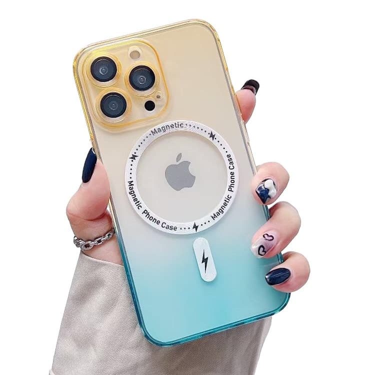 Husa Apple iPhone 14, Magsafe Gradient TPU, geam protectie camere, albastru/portocaliu 1
