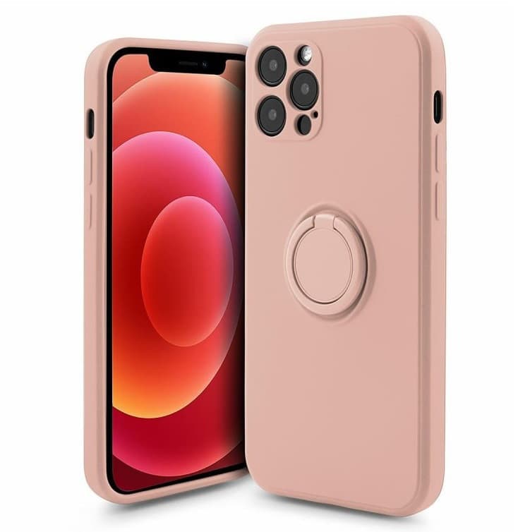 Husa Apple iPhone 13 Pro, Ring Silicone, suport sustinere rotativ, catifea in interior, roz pal 1
