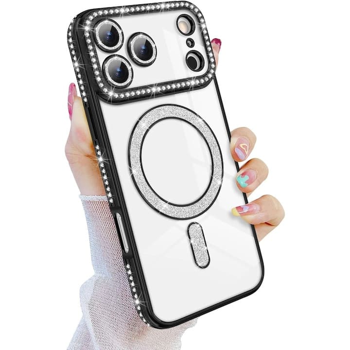 Husa Apple iPhone 17 Pro Max, Electroplating Bling Magsafe, protectie camera, margini negre 1