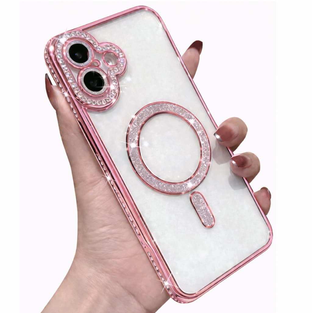 Husa Apple iPhone 16, Electroplating Bling Magsafe, protectie camera, margini roz 1