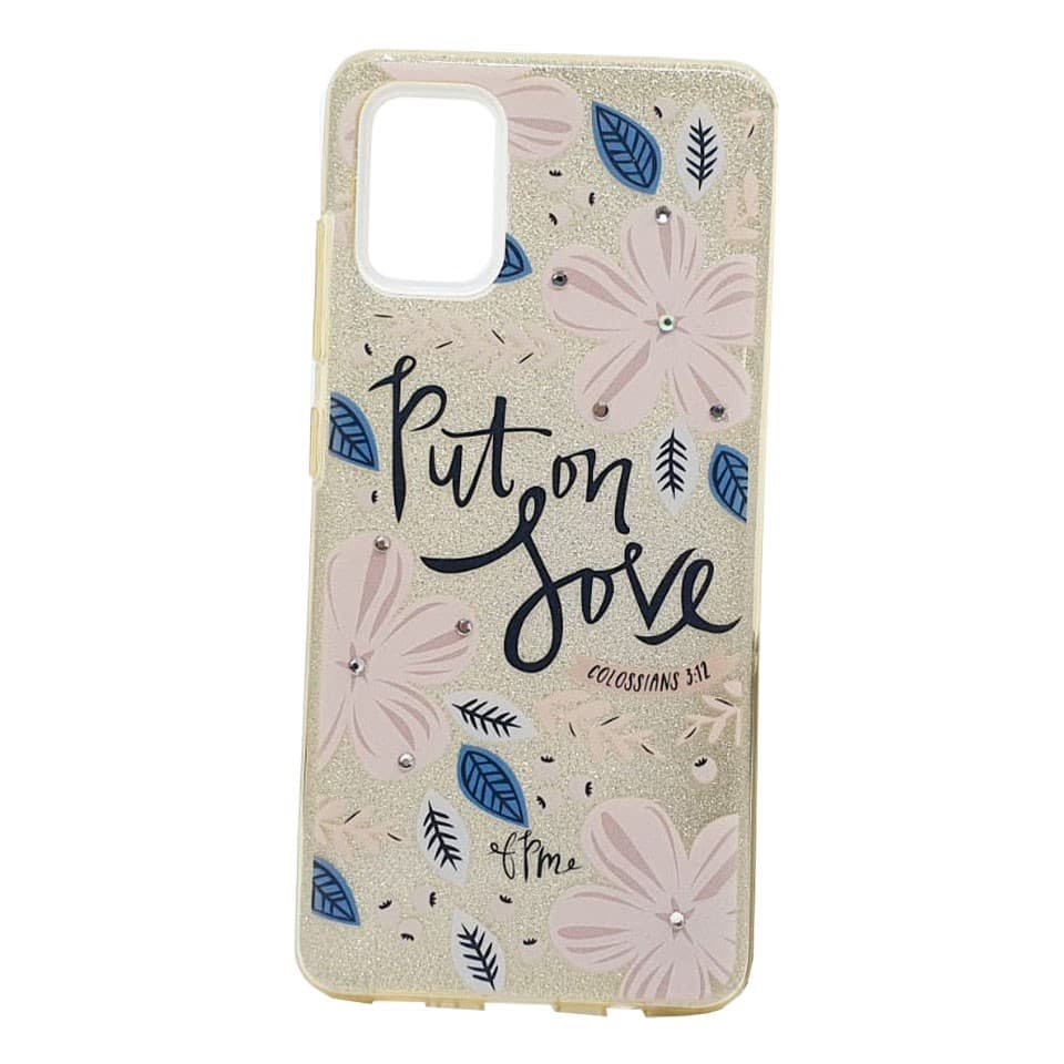Husa Flowers Glitter pentru Samsung Galaxy S20, cu mesaj, aurie 1