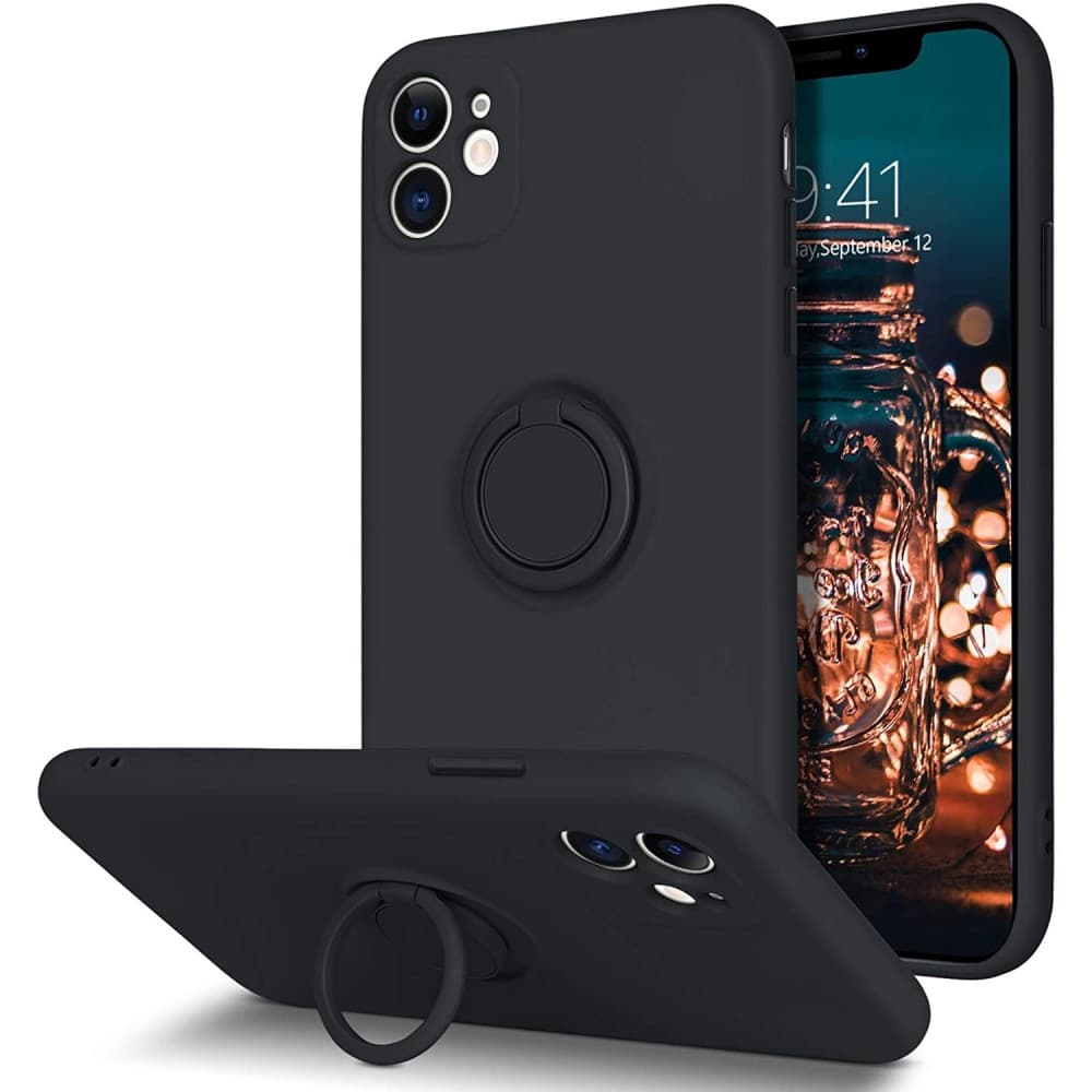 Husa Apple iPhone 11, Ring Silicone, suport sustinere rotativ, catifea in interior, neagra 1