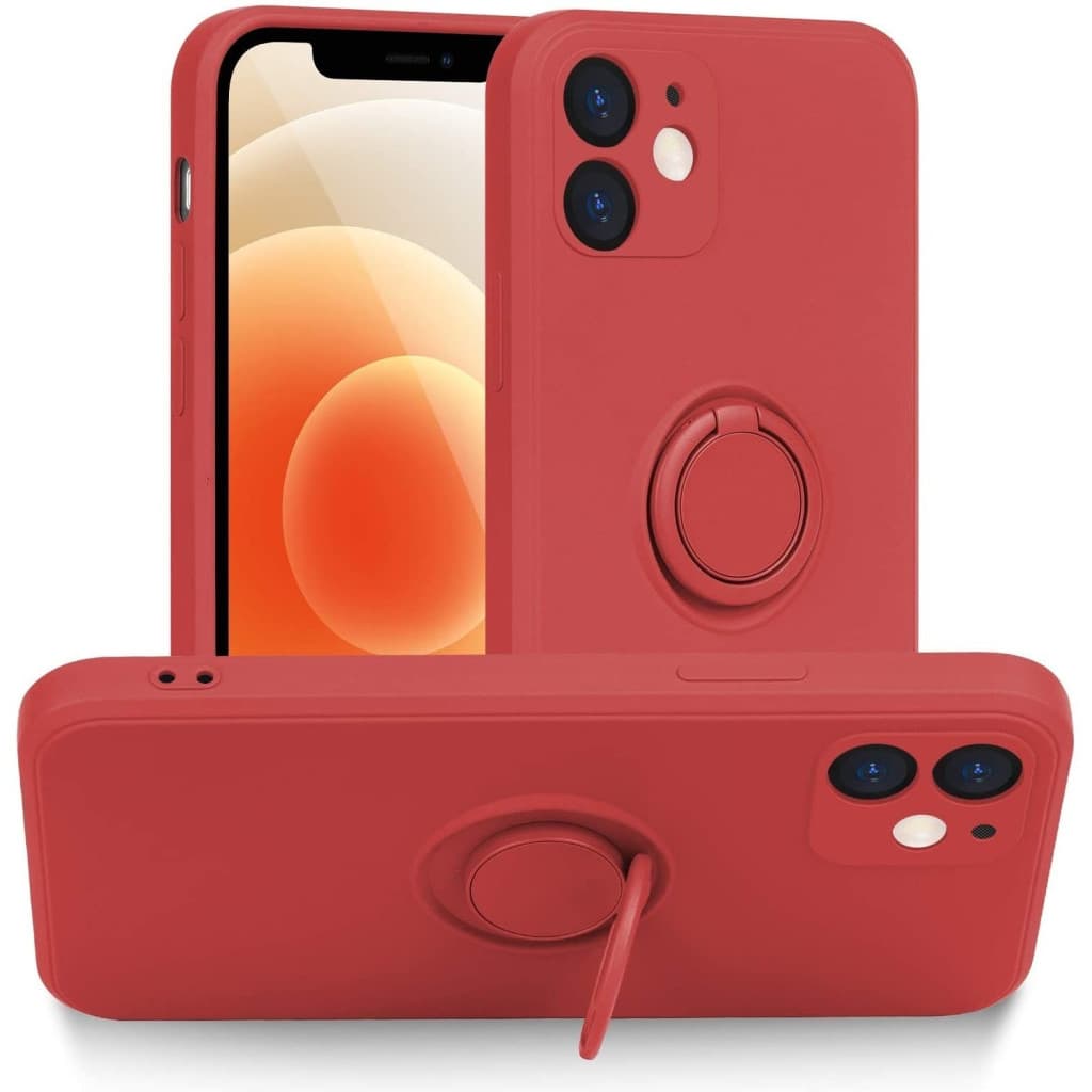 Husa Apple iPhone 12, Ring Silicone, suport sustinere rotativ, catifea in interior, rosie 1