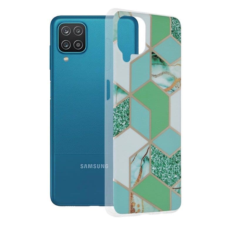 Husa protectie Samsung Galaxy A12, Marble Series, verde/auriu 1