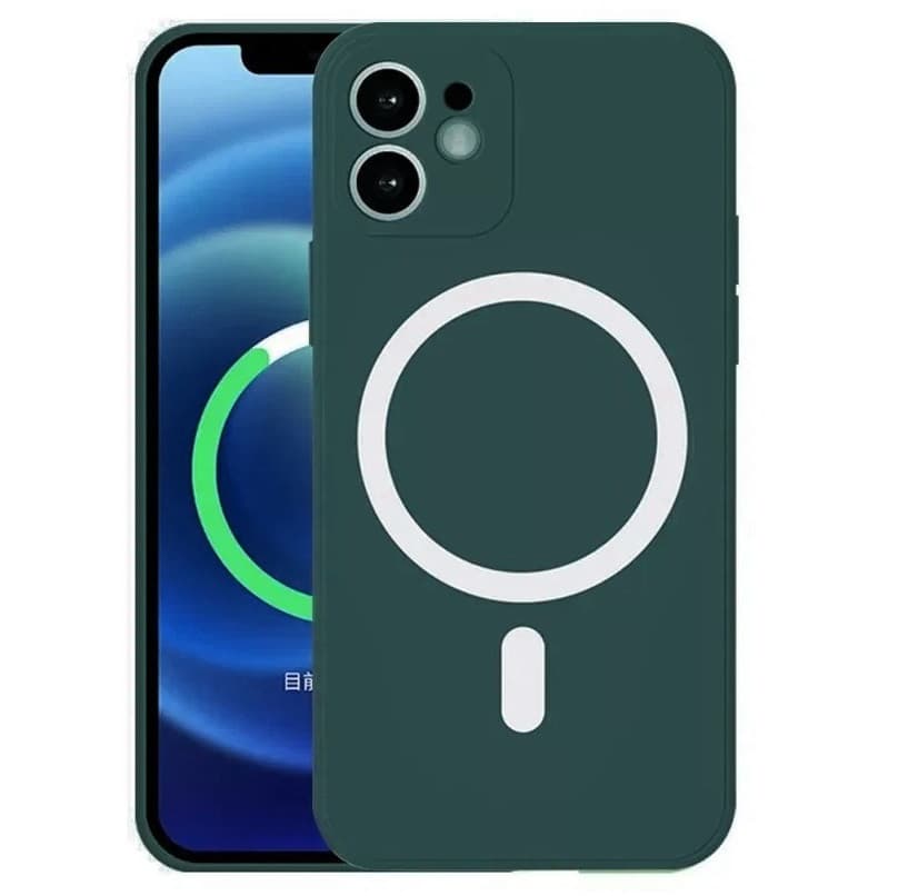 Husa Apple iPhone 13, Magsafe Silicone, protectie camera, microfibra, verde inchis 1