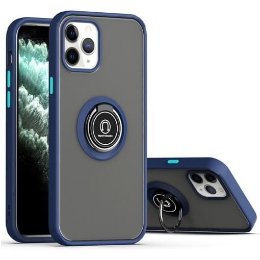 Husa protectie Apple iPhone 14, Metal Bracket, antisoc, inel sustinere, prindere magnetica, margini albastre 1