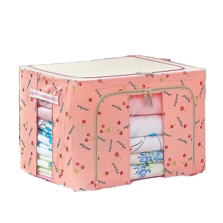 Cutie de depozitare pliabila, fermoar, 66 litri, textil, 50 x 40 x 33 cm, cadru metalic, suport baza stabil din plastic, imprimeu cirese, roz 1