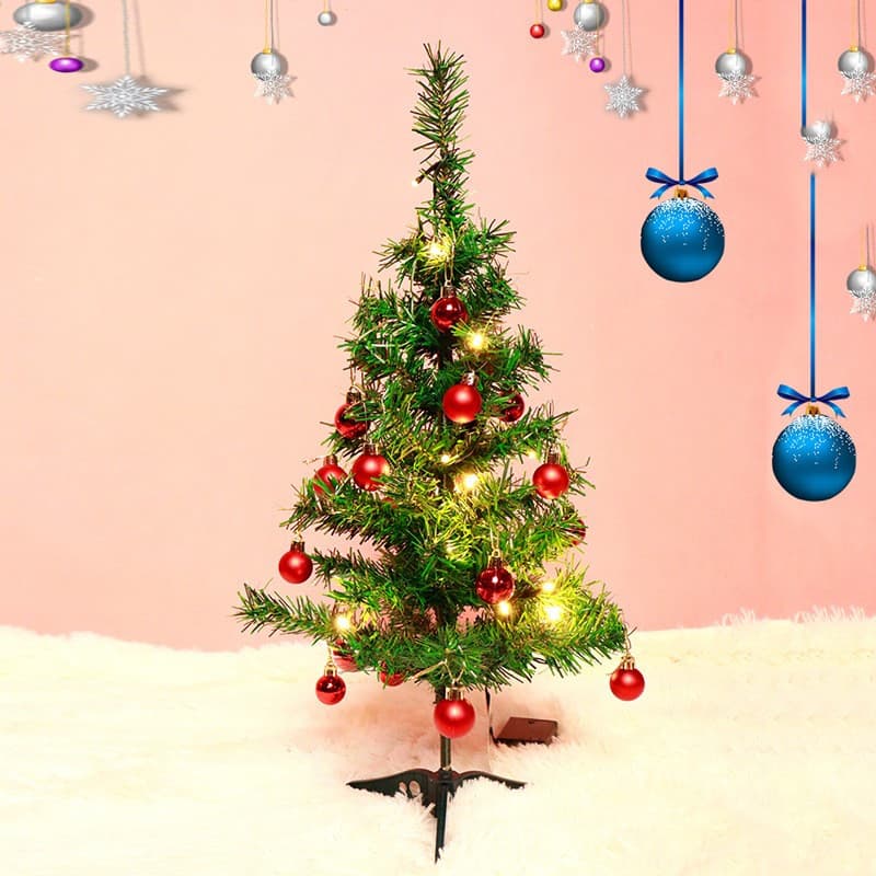 Brad artificial impodobit, 60 cm, suport plastic cu instalatie luminoasa 20 LED alb cald + 20 globuri rosii incluse 1