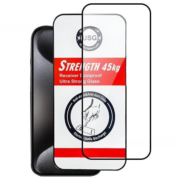 Folie de sticla Apple iPhone 15, Full Glue USG, rezistenta 45 kg, margini negre 1