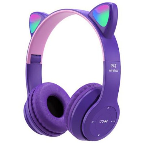 Casti Bluetooth Over Ear P47M, cu urechi, lumina LED RGB, mov