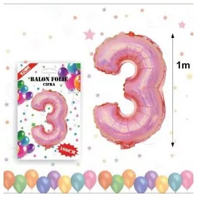 Balon din folie metalizata, 100 cm, roz, cifra 3