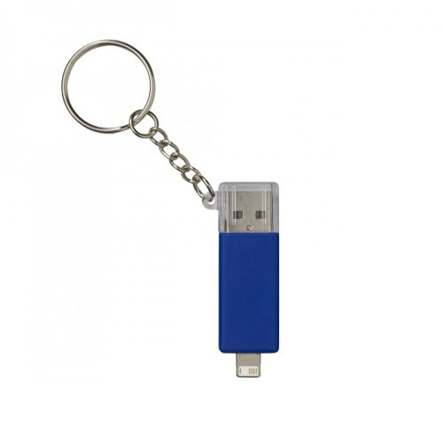 Adaptor incarcare USB cu conector Lightning si MicroUSB, tip breloc, albastru