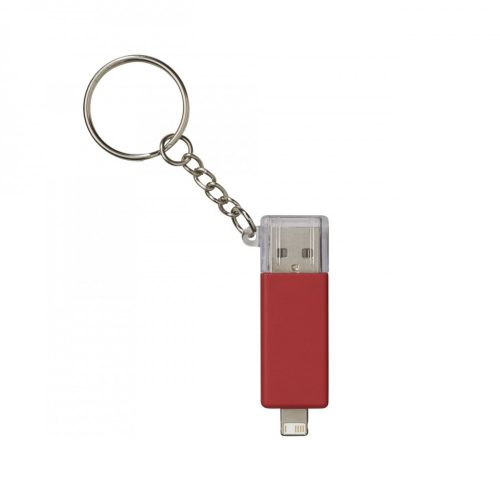 Adaptor incarcare USB cu conector Lightning si MicroUSB, tip breloc, rosu