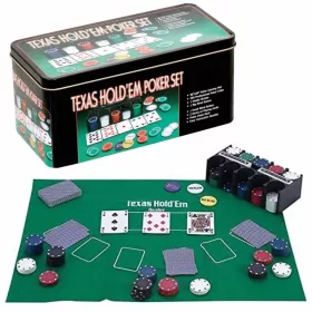   Set Poker Texas Holdem 200 jetoane și cărți de joc în cutie metalică
