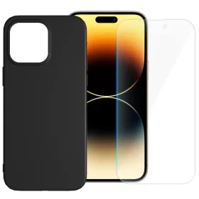   Set folie si husa Apple iPhone 15 Plus, sticla transparenta si Matt TPU, negru