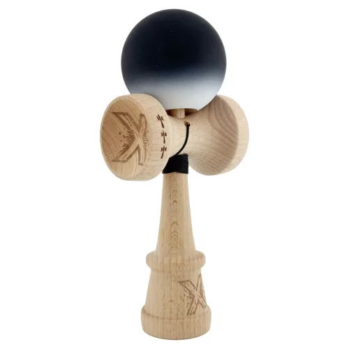Jucarie lemn Kendama X, Rubber Grip, cupe mari V3, gaura in basecup, rulment, ata rezerva, negru/alb