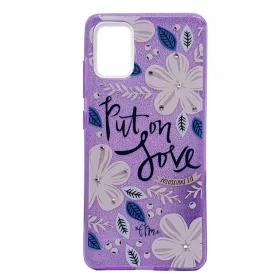   Husa Flowers Glitter pentru Samsung Galaxy S20 Ultra, cu mesaj, mov