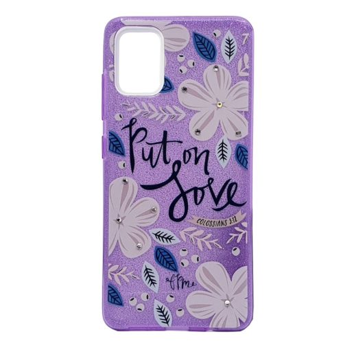 Husa Flowers Glitter pentru Samsung Galaxy S20 Ultra, cu mesaj, mov