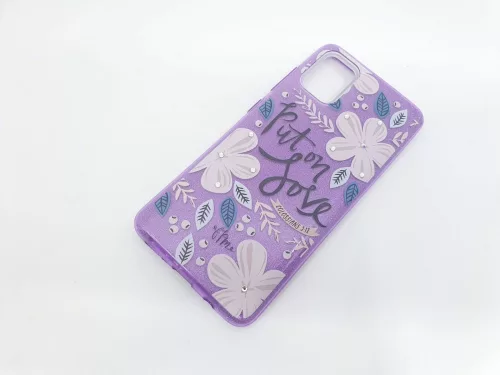 Husa Flowers Glitter pentru Samsung Galaxy S20 Ultra, cu mesaj, mov