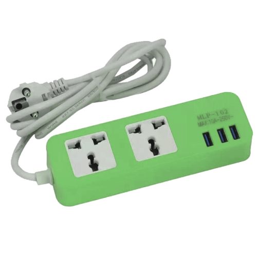 Prelungitor cu 2 prize si 3 porturi USB 5V - max. 4A, cablu 1,8 metri, 10A, verde