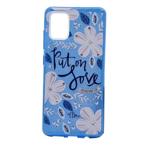 Husa Flowers Glitter pentru Samsung Galaxy S20, cu mesaj, albastra