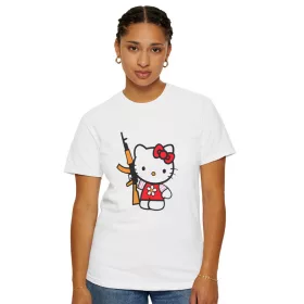   Tricou personalizat alb, copii/adulti, design Kitty with gun, modal, diverse marimi