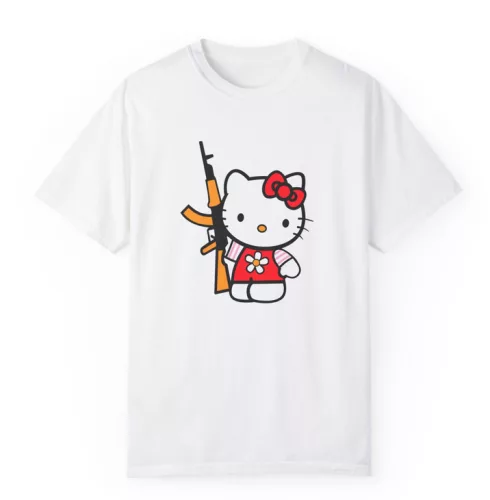 Tricou personalizat alb, copii/adulti, design Kitty with gun, modal, diverse marimi