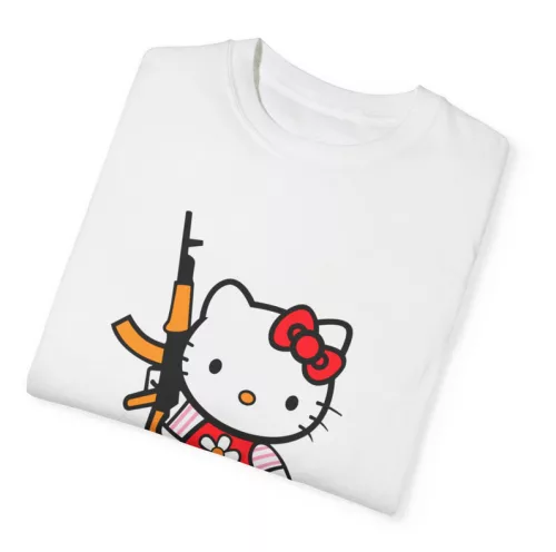 Tricou personalizat alb, copii/adulti, design Kitty with gun, modal, diverse marimi