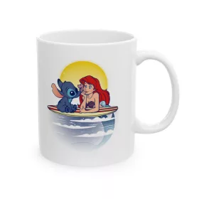   Cana ceramica personalizata, design Stitch si Sirena, 330 ml, alba