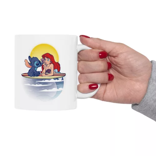 Cana ceramica personalizata, design Stitch si Sirena, 330 ml, alba