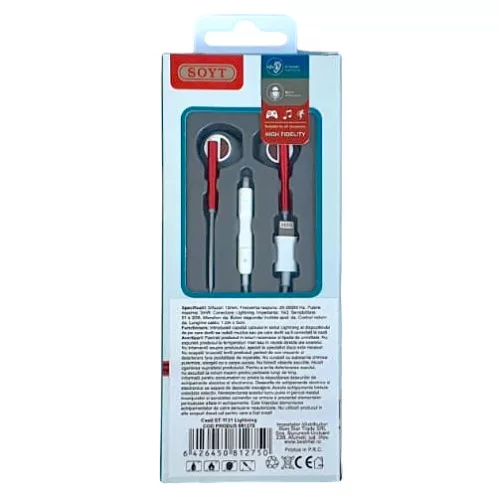 Casti audio cu microfon SOYT ST-1131, conector Lightning pentru iPhone/iPad, alb/rosu
