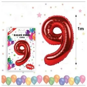 Balon din folie metalizata, 100 cm, rosu, cifra 9
