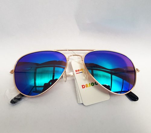 Ochelari de soare unisex, model aviator, UV400, lentile negre/albastre, efect oglinda, rama aurie, Small Size