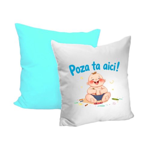 Perna decorativa personalizata, cu poza ta, 40 x 40 cm, alba, mata, spate albastru deschis, husa detasabila