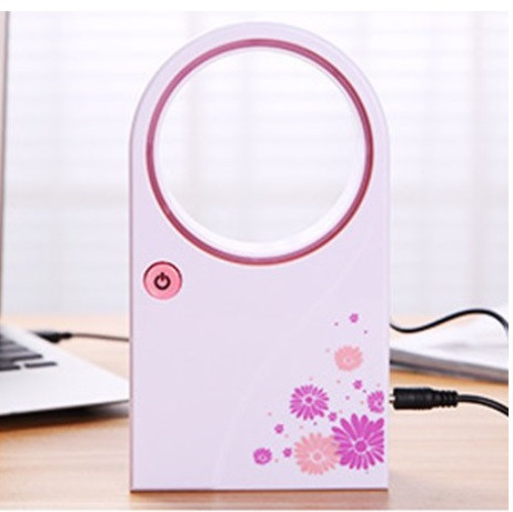 Mini ventilator portabil fara elice, alimentare USB sau baterii, alb/roz