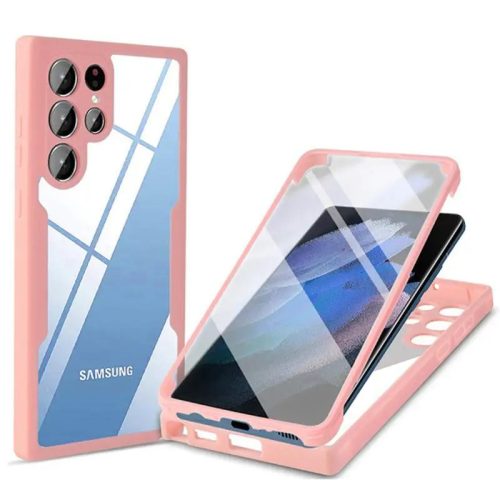 Husa Samsung Galaxy A22 4G, Luxury 360° (fata + spate), protectie camere, roz pal cu spate transparent
